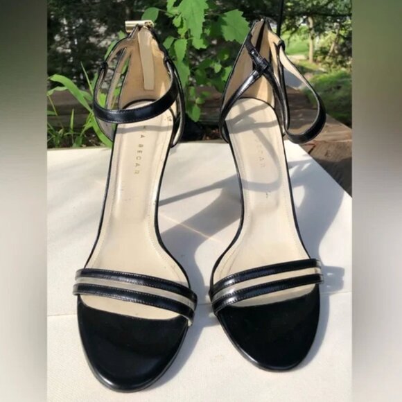 Mia Becar Leather Black Gold Heel back zipper High Heels open toe 38.5 US 8.5 - Picture 5 of 13